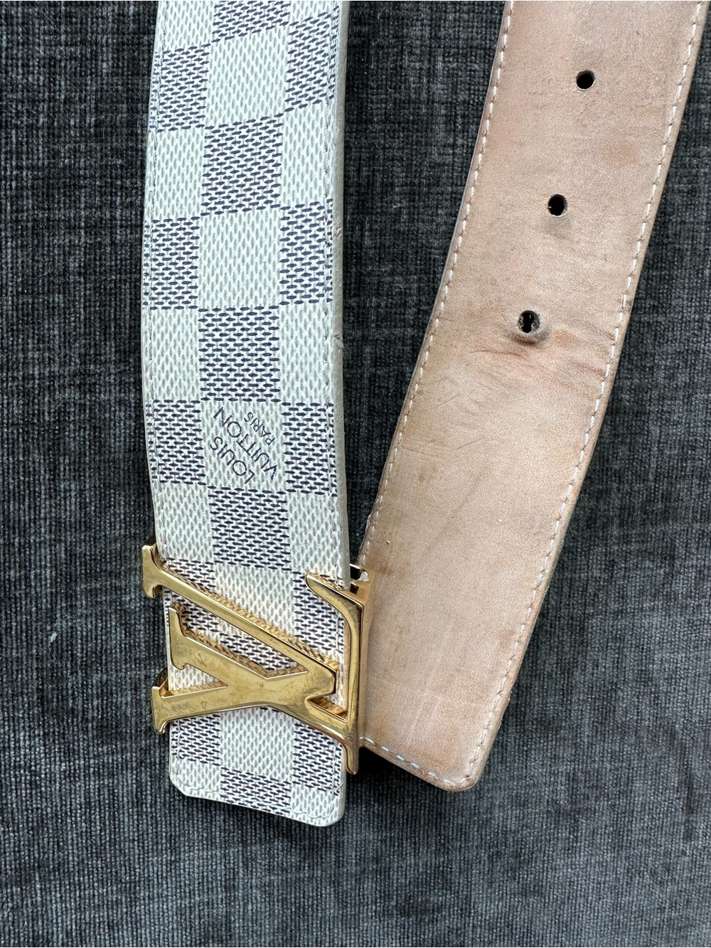 Louis Vuitton Men's Damier Azur Canvas Belt with Gold LV Buckle - White/Beige